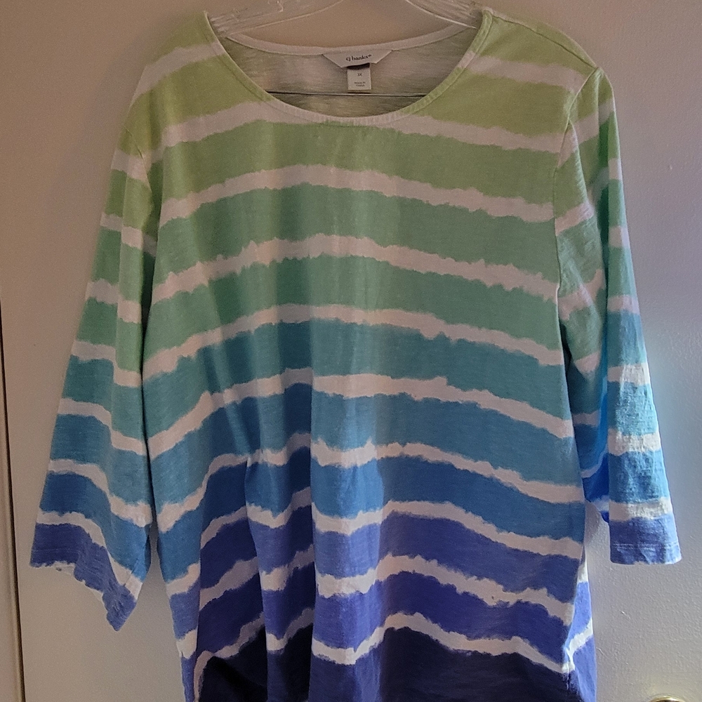 CJ Banks Green and Blue Striped Top